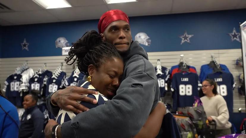 Cowboys star CeeDee Lamb stunned fans when a woman opened a box containing his jersey – and the moment captured in the video, showing Lamb hugging her with the warmth of a mother and son, left Cowboys Nation emotional and speechless