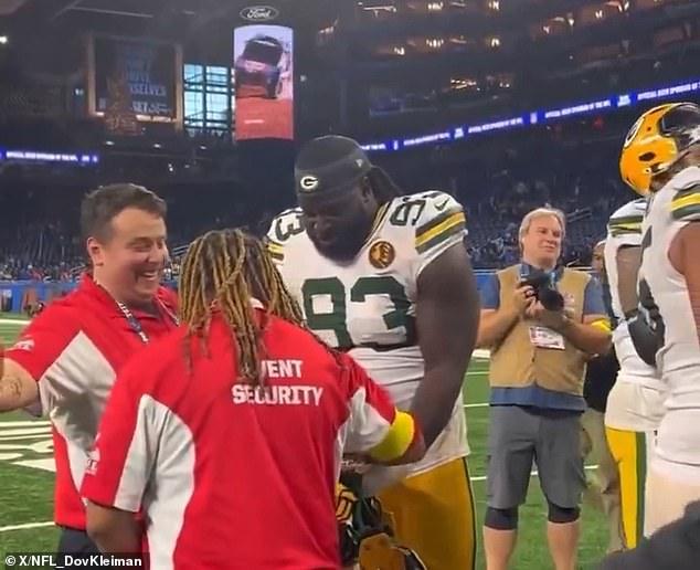 Green Bay rookie defensive tackle Nazir Stackhouse was among the Packers players who got to celebrate their 31-24 upset of the Lions with the customary on-field Turkey Day feast